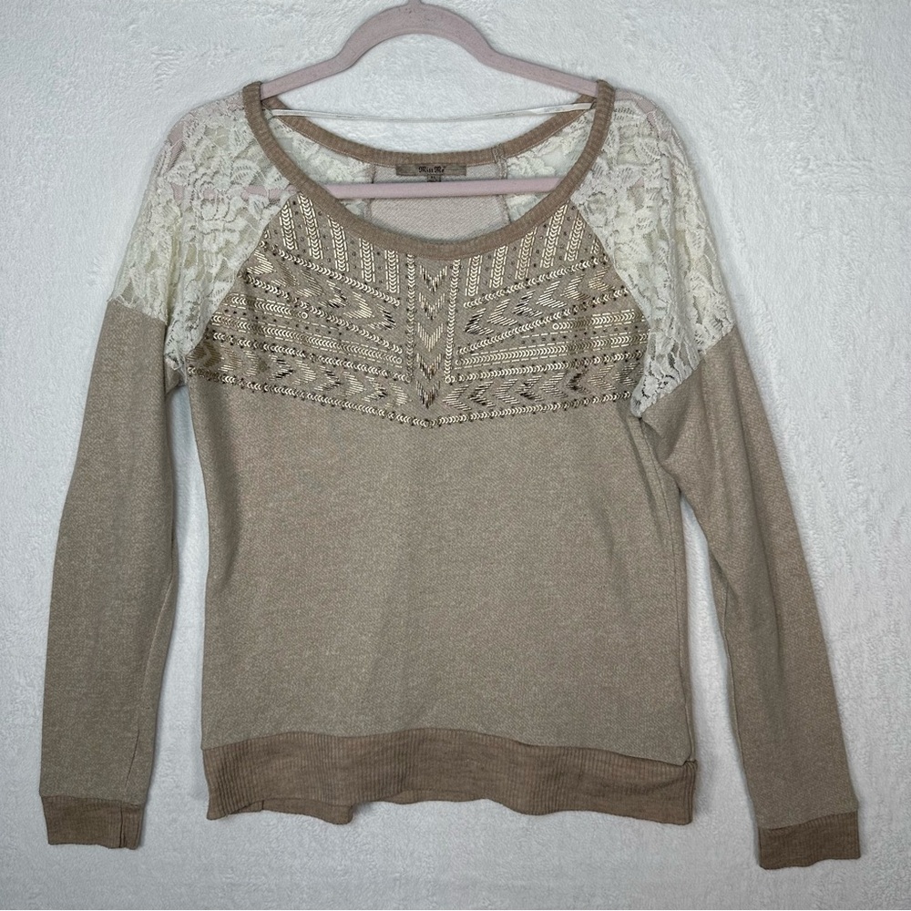 Miss Me XL Top Tan Lace Shoulder Gold Sequin Embellished Pullover Top Boho